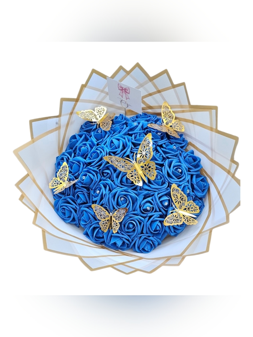 Blue Eternal Foam  Bouquet with Gold Butterfly Accents 40 Countes